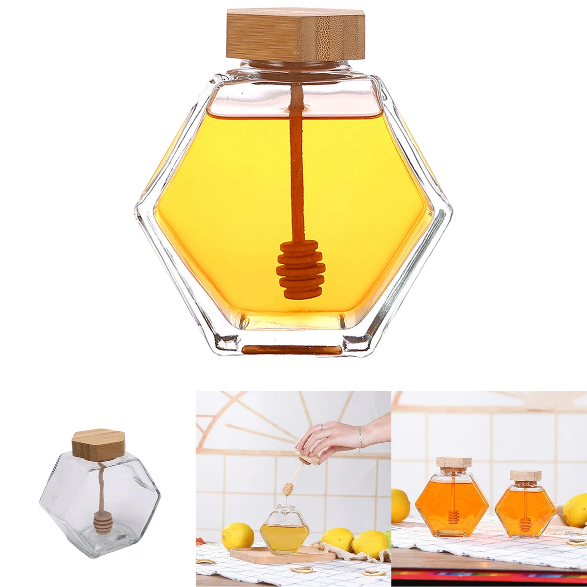 Hexagonal Glass Honey Bottle with Wooden Stirring Rod 1