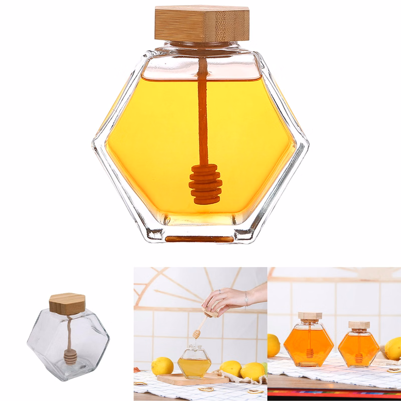 Hexagonal Glass Honey Bottle with Wooden Stirring Rod