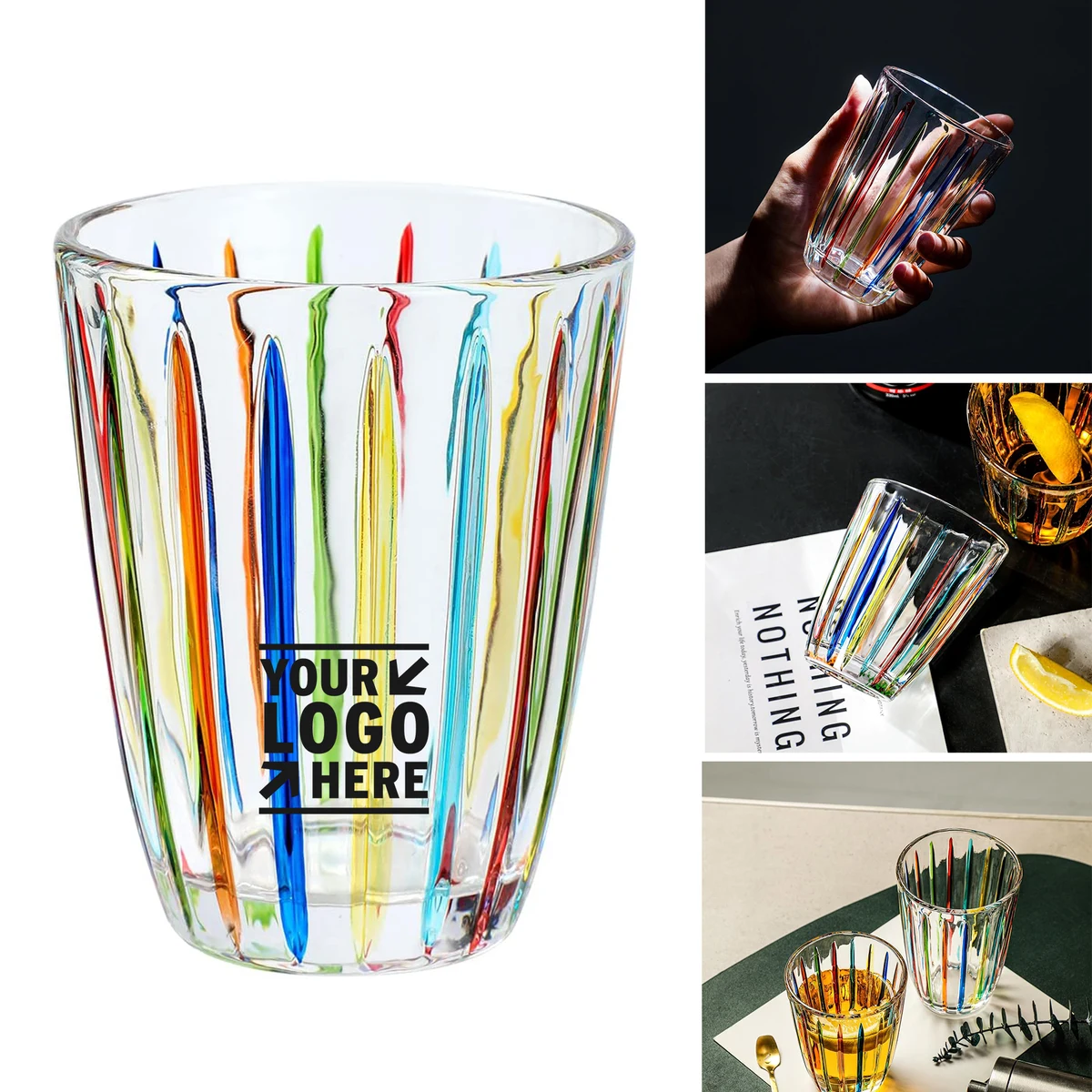 Old Fashioned Multi-color Hand Painted Stained Glass Whiskey Tumblers with Strip Patterns 1