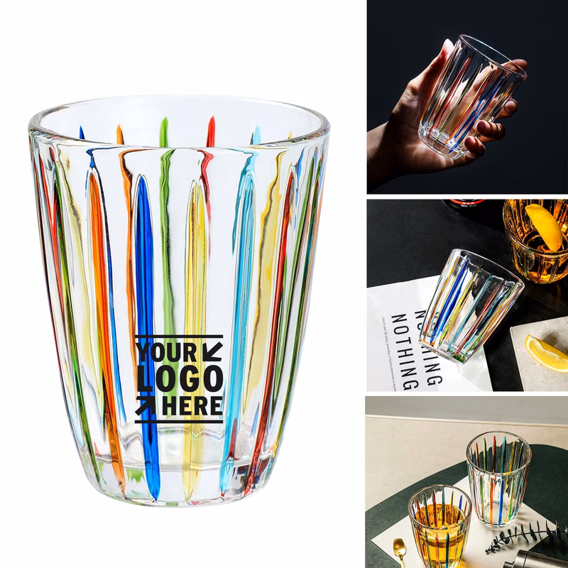 Old Fashioned Multi-color Hand Painted Stained Glass Whiskey Tumblers with Strip Patterns