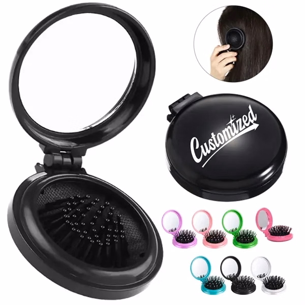 Custom 2.56" Compact Travel Hair Brush with Makeup Mirror — Portable Beauty Promo