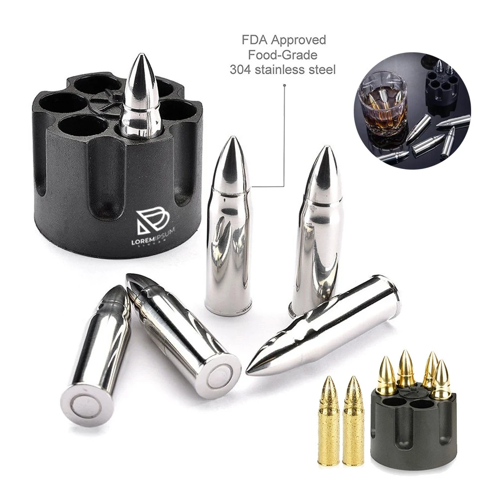 6 Pcs Silver Bullets Whiskey Stones With Revolver Base 1