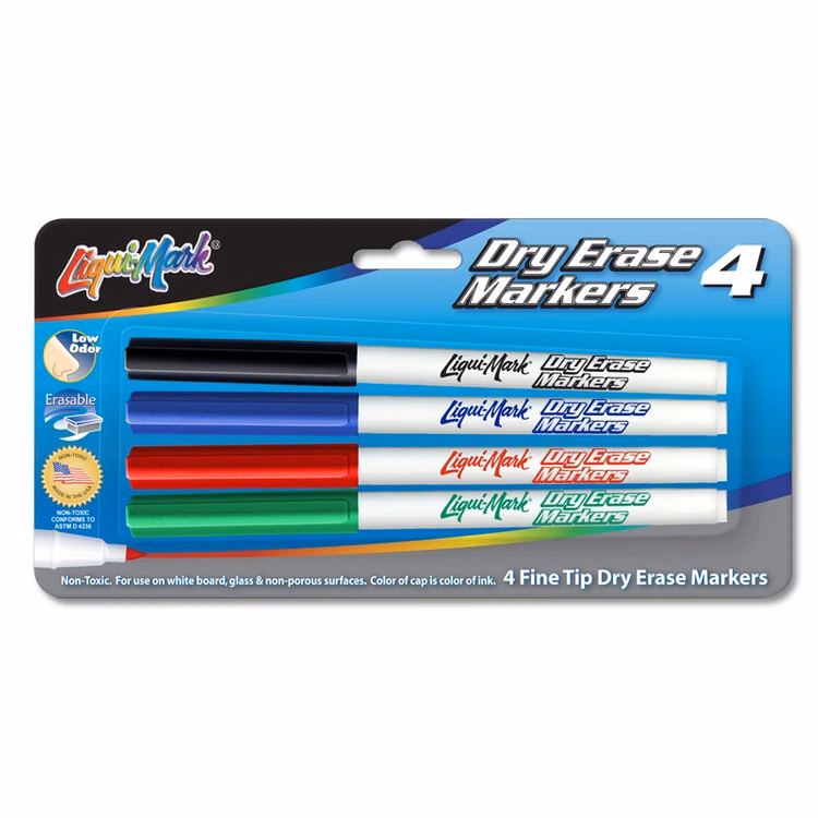 4 Pack Dry Erase, Low Odor, FineTip Markers - Assorted - Made in the USA