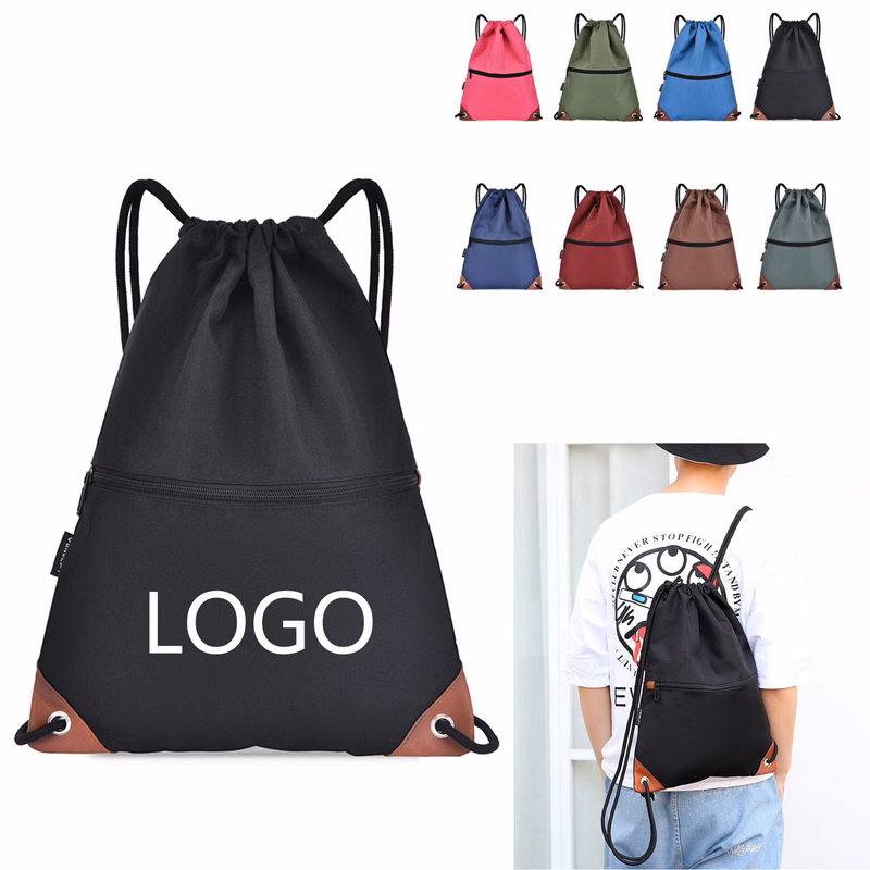 Oxford Drawstring Sports Backpack With Front Zipper Pocket