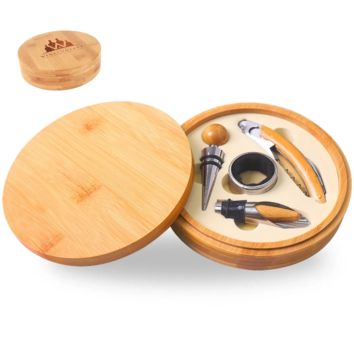 Round Bamboo 4-Piece Wine Tool Set 1