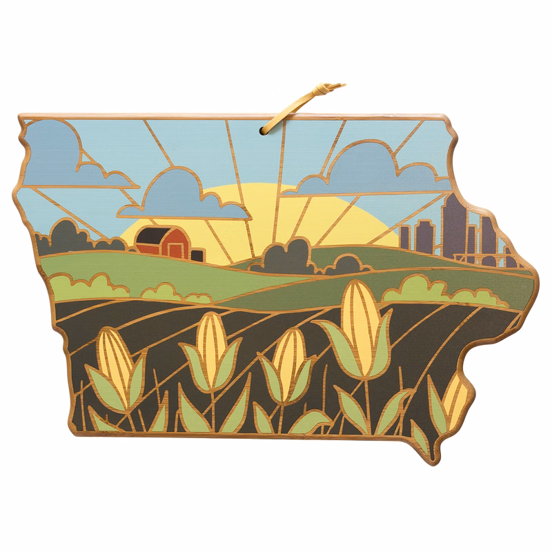 Iowa State Shaped Serving and Cutting Board with Artwork by Summer Stokes