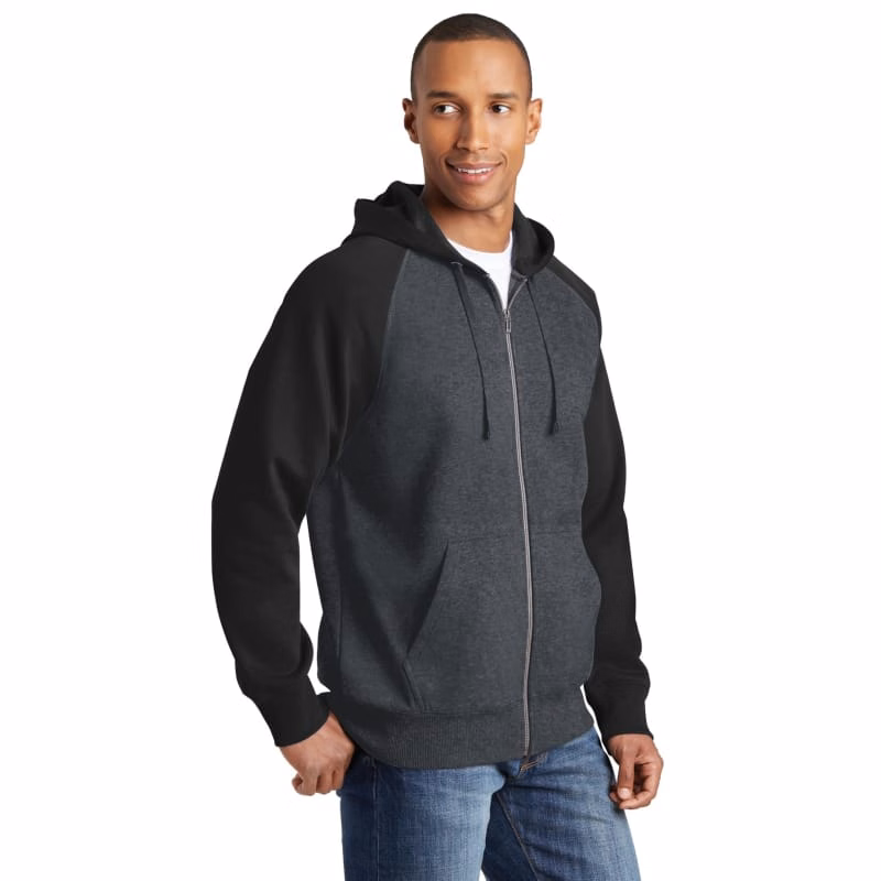 Sport-Tek Raglan Colorblock Full-Zip Hooded Fleece Jacket.