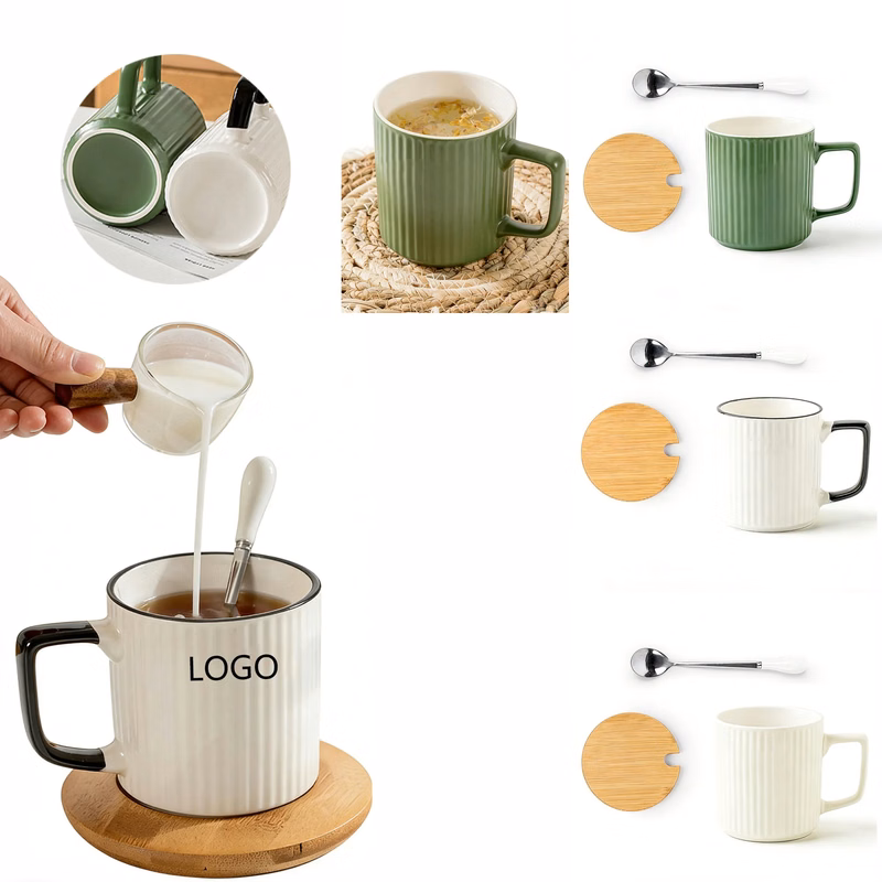 Ceramic Mug with Wooden Lid and Spoon