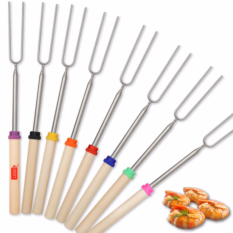 Outdoor Stainless Steel Telescopic U-Shaped Wooden Handle BBQ Fork