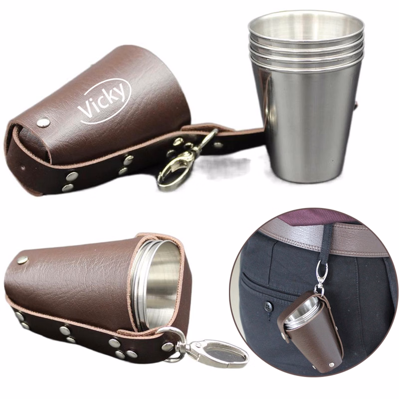 4 Stainless Steel Cups With Leather Holder Keychain