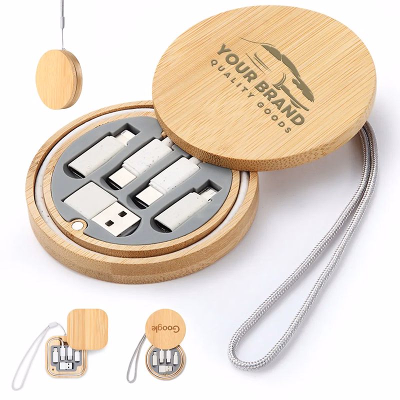 Multi USB Adapter Kit Fast Charging Cable Bamboo Storage Box
