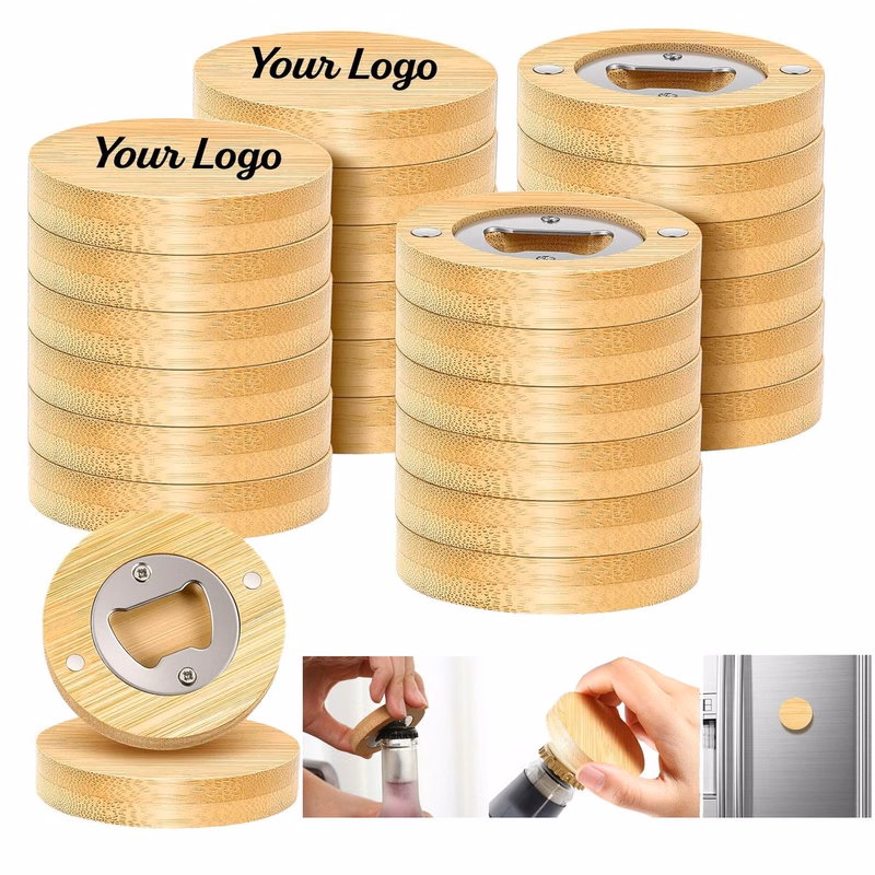 Round Bamboo Fridge Magnet Bottle Opener