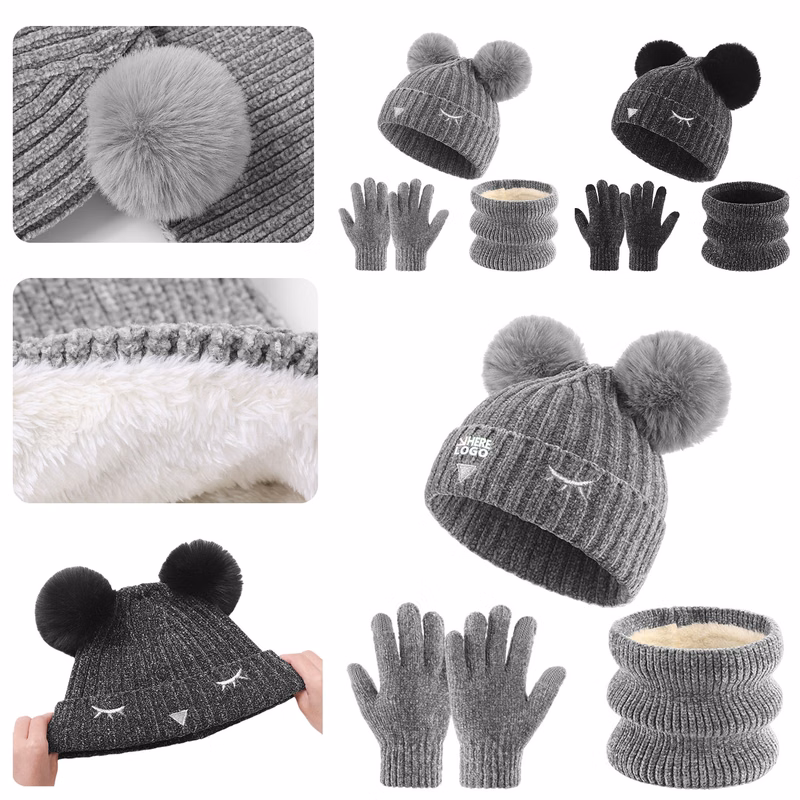 Children 3-Piece Winter Velvet Warm Knitted Hat Set