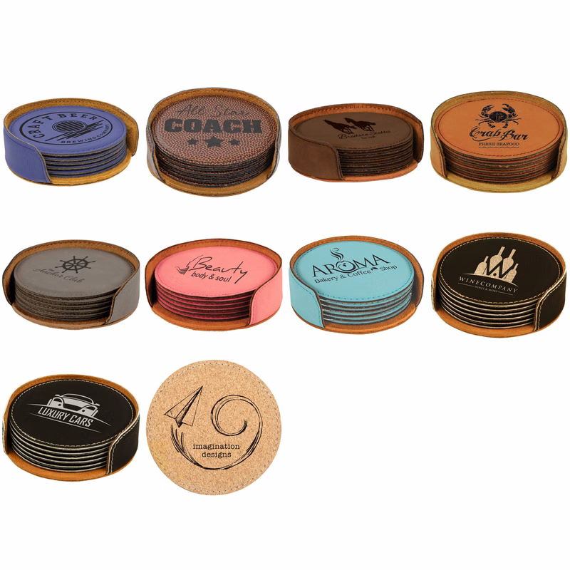 4" Round Leatherette 6-Coaster Set