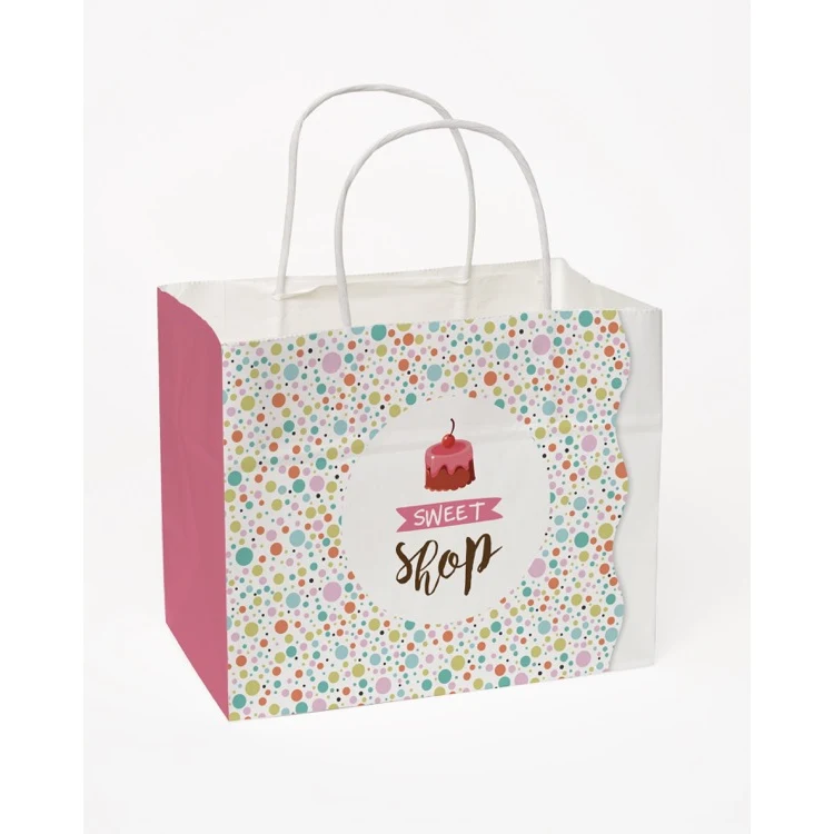 Full Color 4-Sided White Handle Shopper Paper Bags (8.5" x 7.25" x 5") 1