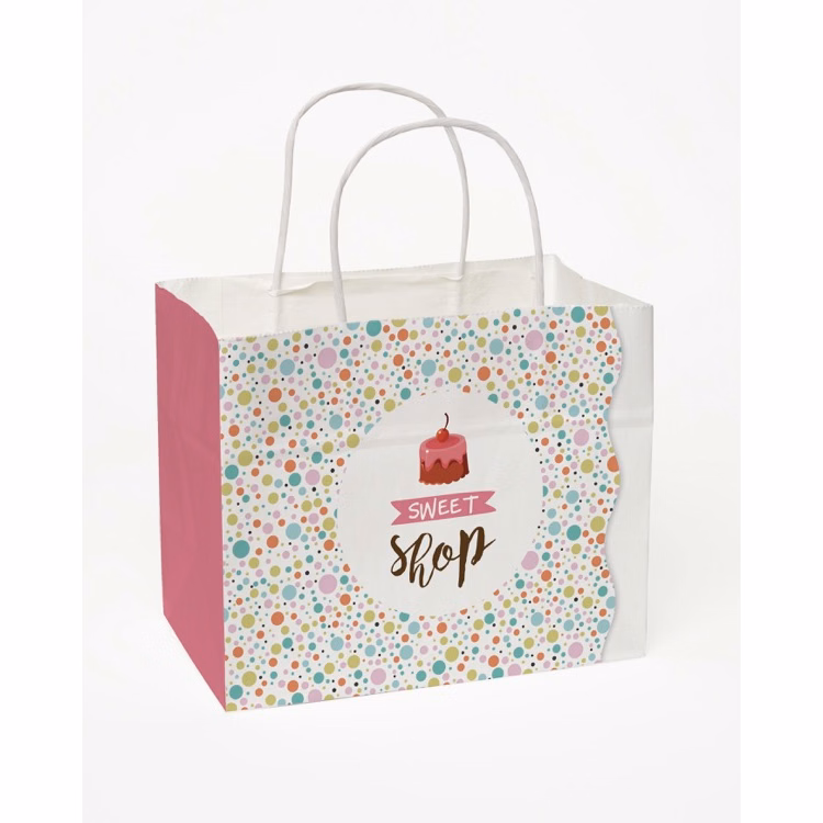 Full Color 4-Sided White Handle Shopper Paper Bags (8.5" x 7.25" x 5")
