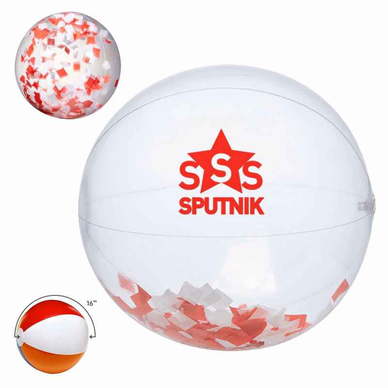 16" Red and White Confetti Filled Round Clear Beach Ball