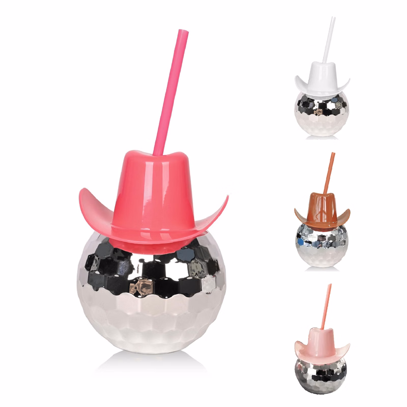 20Oz Disco Ball Drinking Cup with Pink Cowboy Hat
