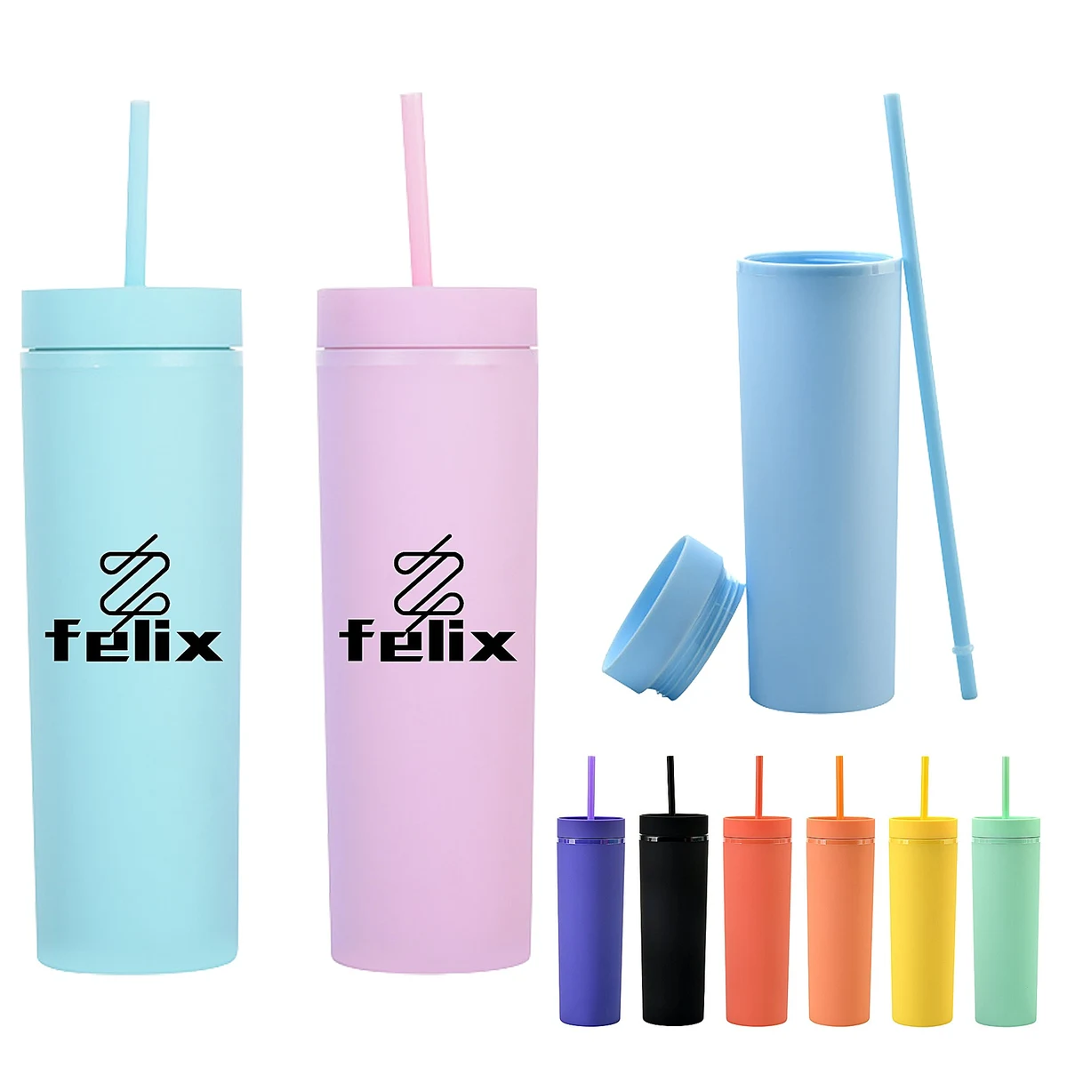 16oz Skinny Tumblers Double Wall Plastic Cup With Lids Straws 1