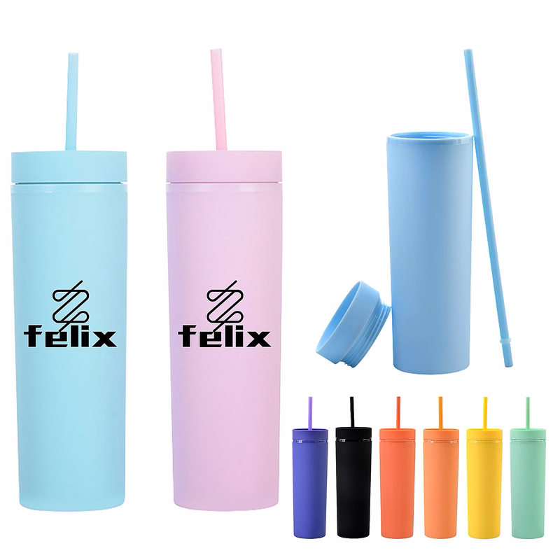 16oz Skinny Tumblers Double Wall Plastic Cup With Lids Straws