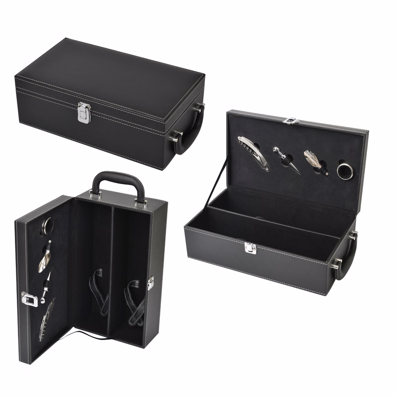 4 PC Wine Set in a Black Leatherette Case w/2 bottle support