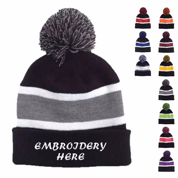 Three Tone Knit Beanie with Pom Ball