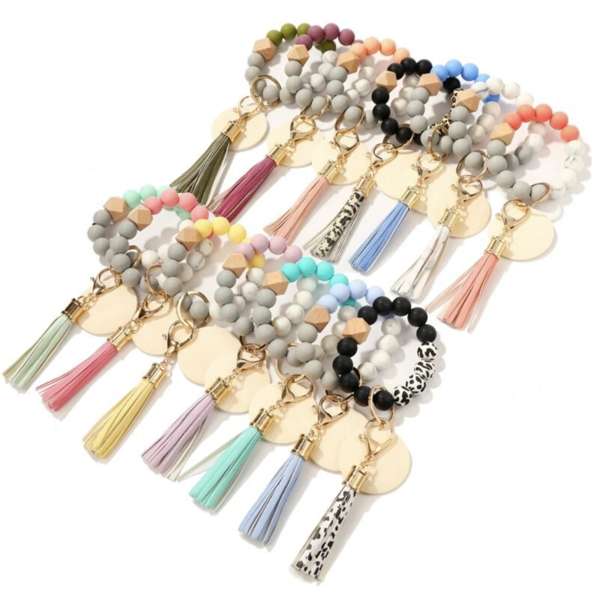 MOQ 10 PCS Stylish Silicone Key Bead Wood Bracelet Keychain 1