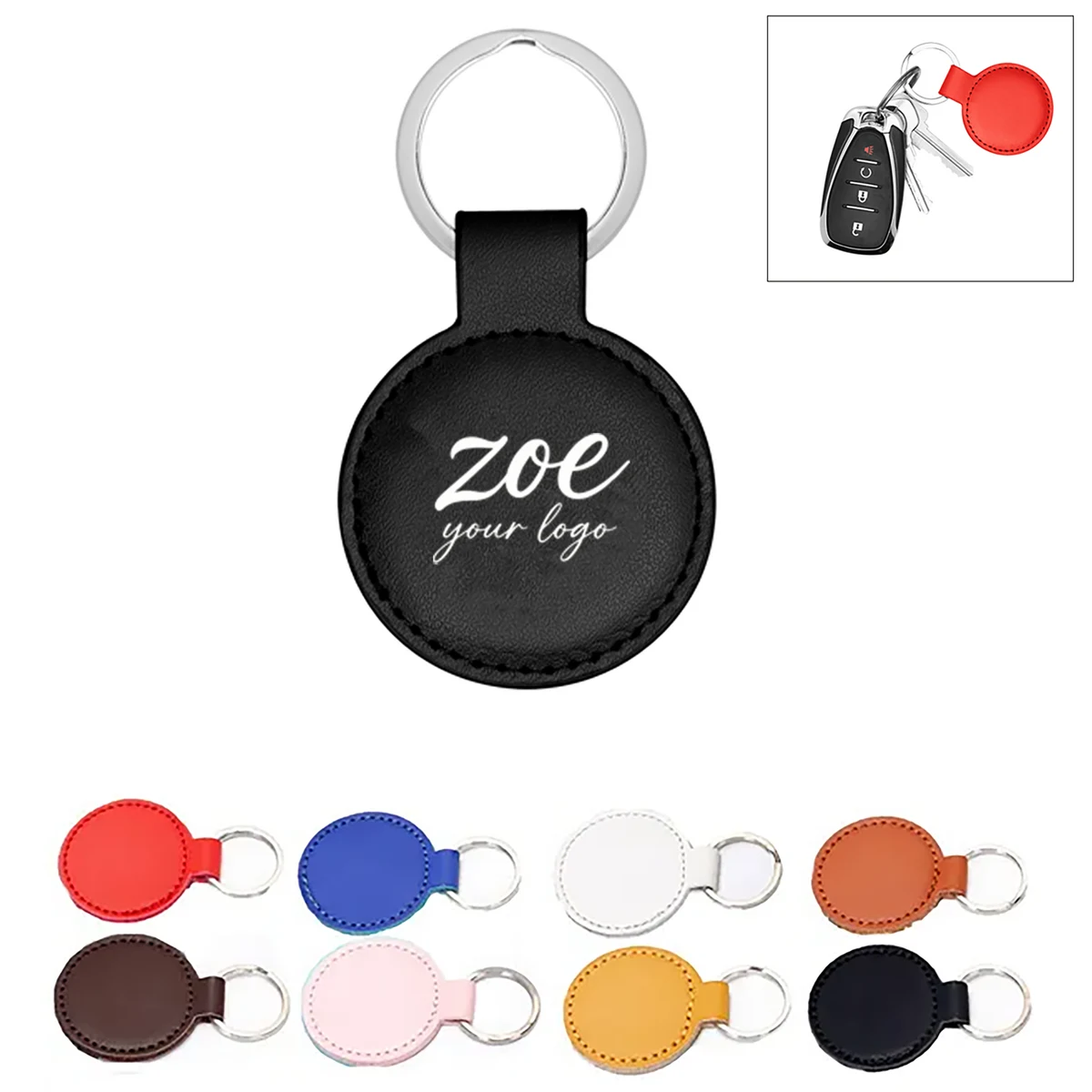 Custom Circular Synthetic Leather Key Fob With Metal Loop 1