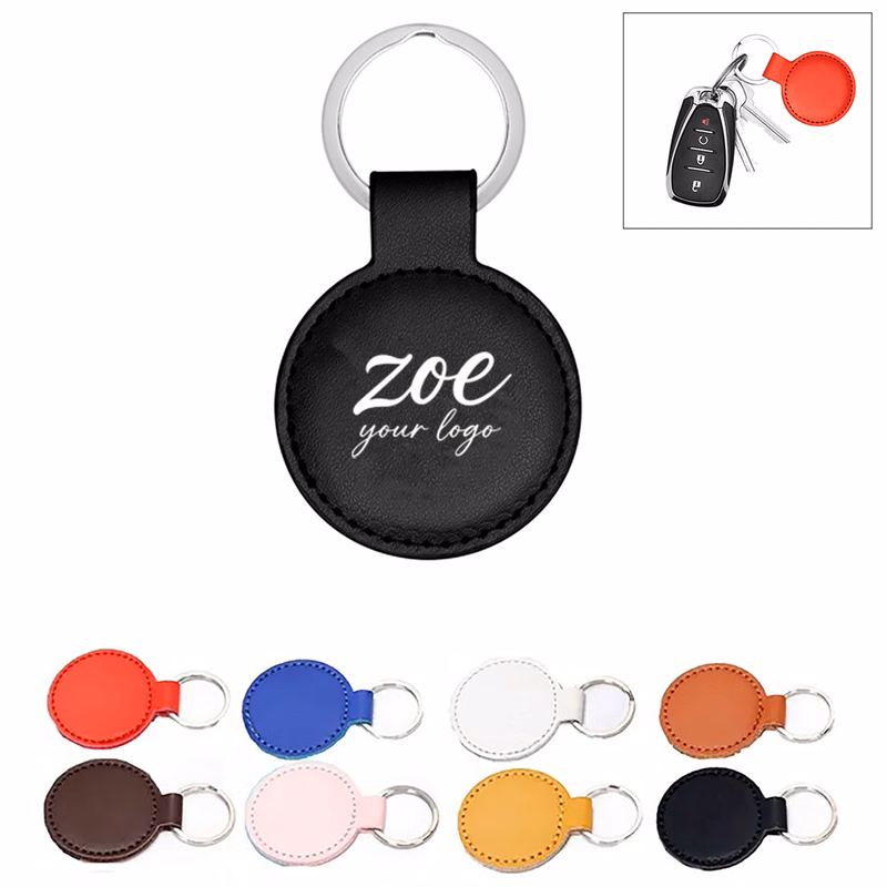 Custom Circular Synthetic Leather Key Fob With Metal Loop