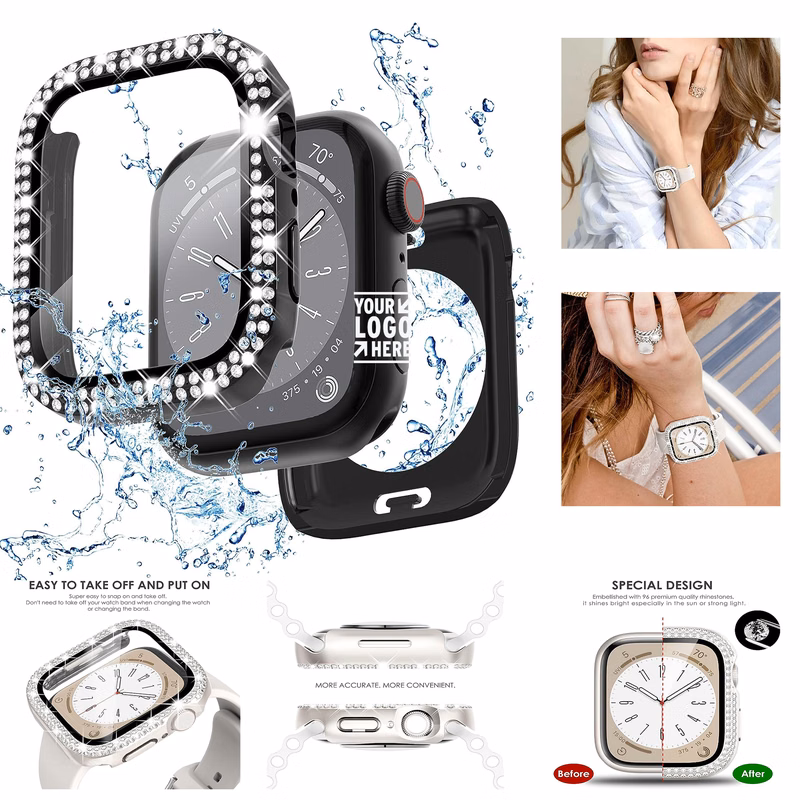 2 in 1 Bling Waterproof Case iWatch Series SE 6 5 4 40mm PC Cover Tempered Glass Screen Protector 