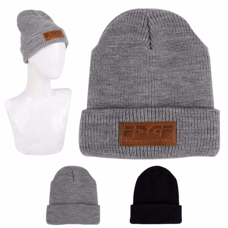 Custom Cuffed Knit Beanie With Faux Leather Patch
