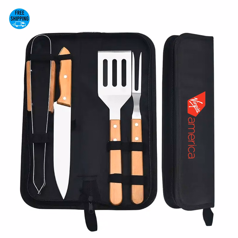 4-Piece BBQ Grill Tool Set with Wood Handle - OCEAN