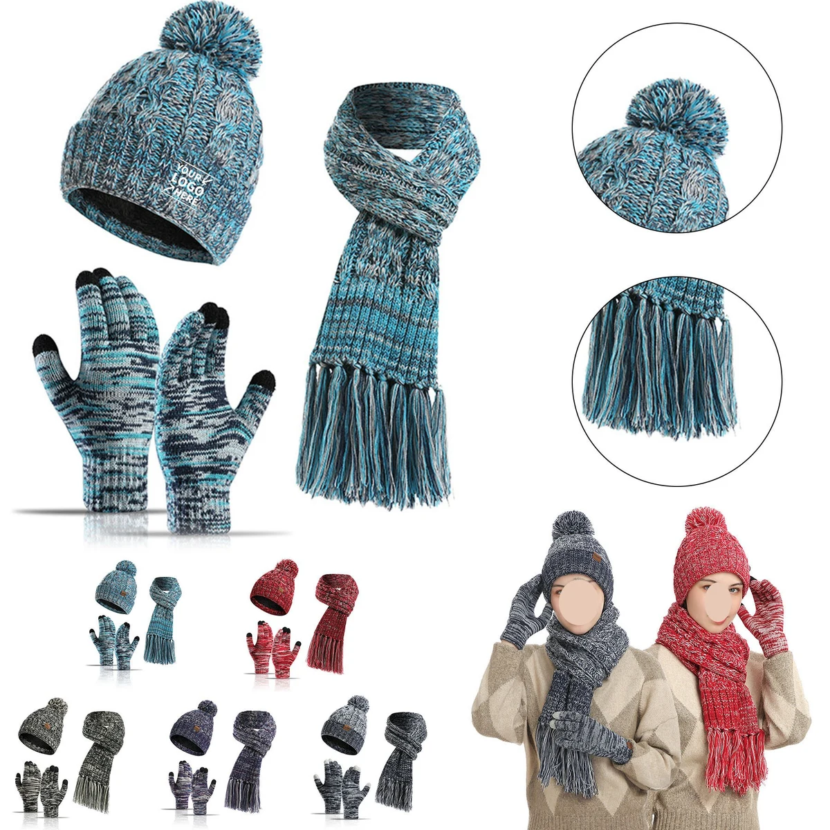 3 in 1 Pom Pom Hat Long Scarf and Touch Screen Gloves 1