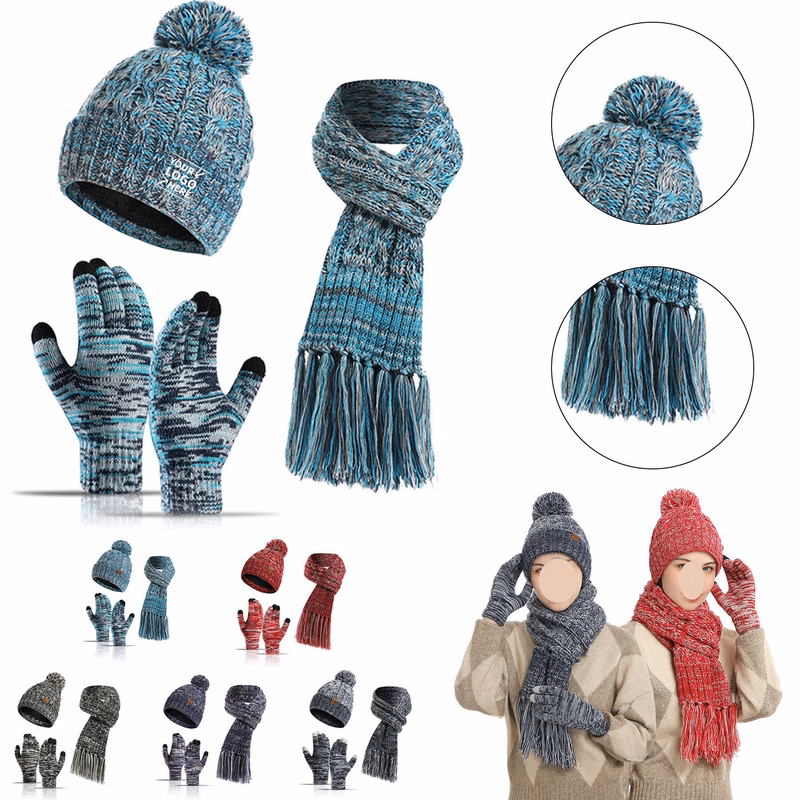3 in 1 Pom Pom Hat Long Scarf and Touch Screen Gloves