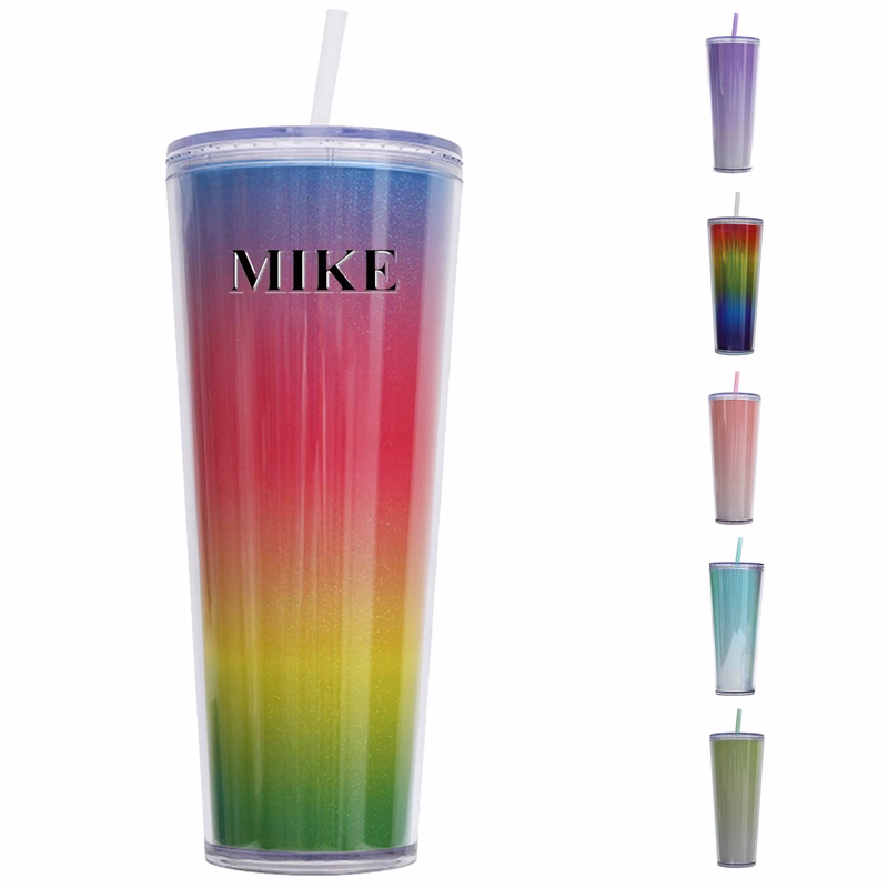 Gradient Color Plastic Straw Cup Bottles