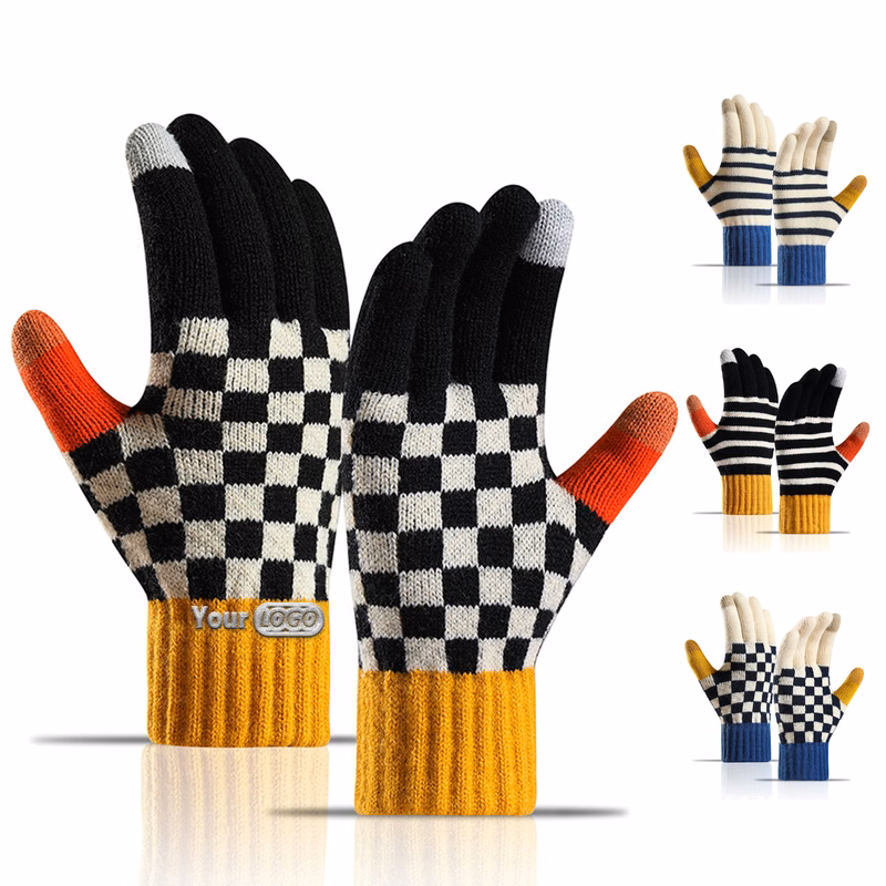 Touchscreen Striped and Checkered Knit Gloves
