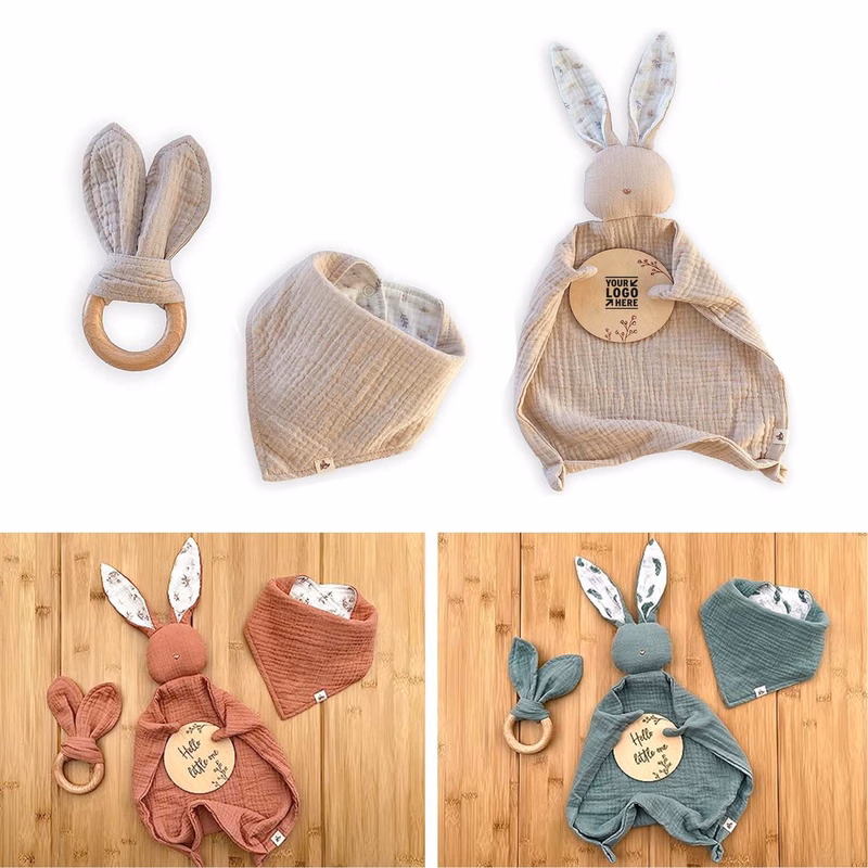 Lovey Cotton Blanket Bib Wooden Teether Baby Announcement Sign Newborn Gift Set