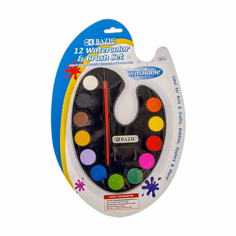 Watercolors Paints - Palette & Brush 12 Assorted Colors