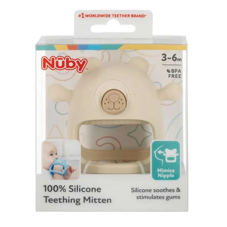 Nuby Silicone Wrist Teething Mittens - Brown Bear 3+ Months 1
