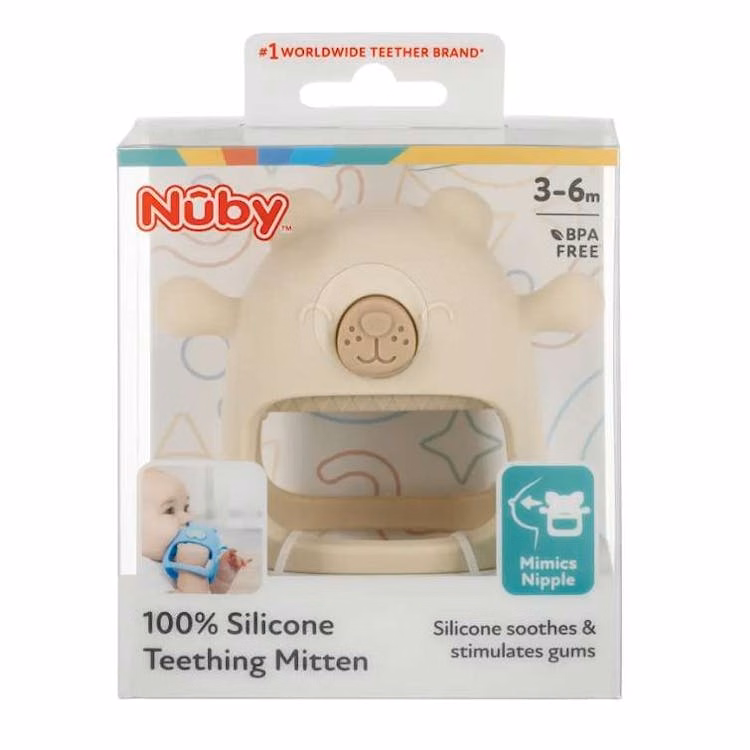 Nuby Silicone Wrist Teething Mittens - Brown Bear 3+ Months