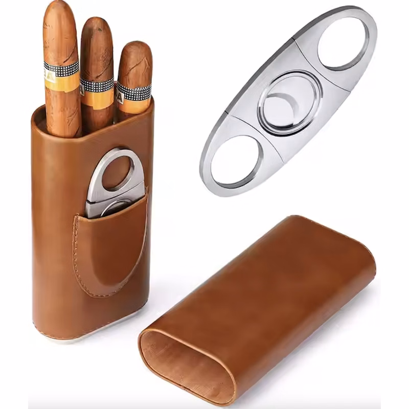 3-Finger Leather Cigar Case Kit with Stainless Steel Cutter