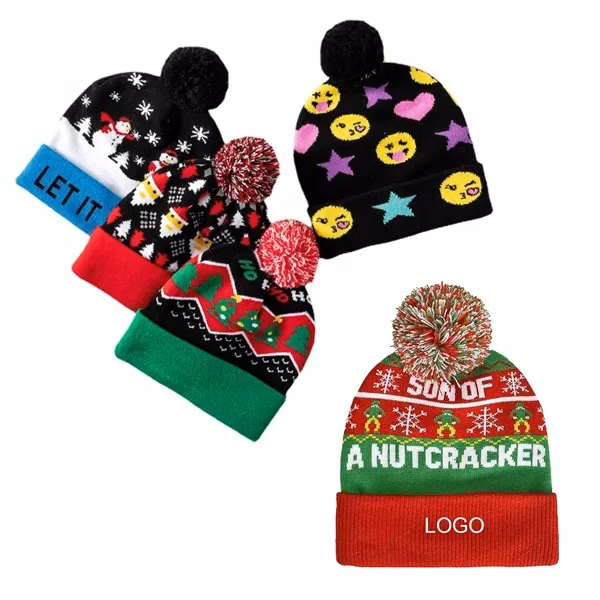 Christmas Holiday Cuffed Winter Knit Cap with Cap