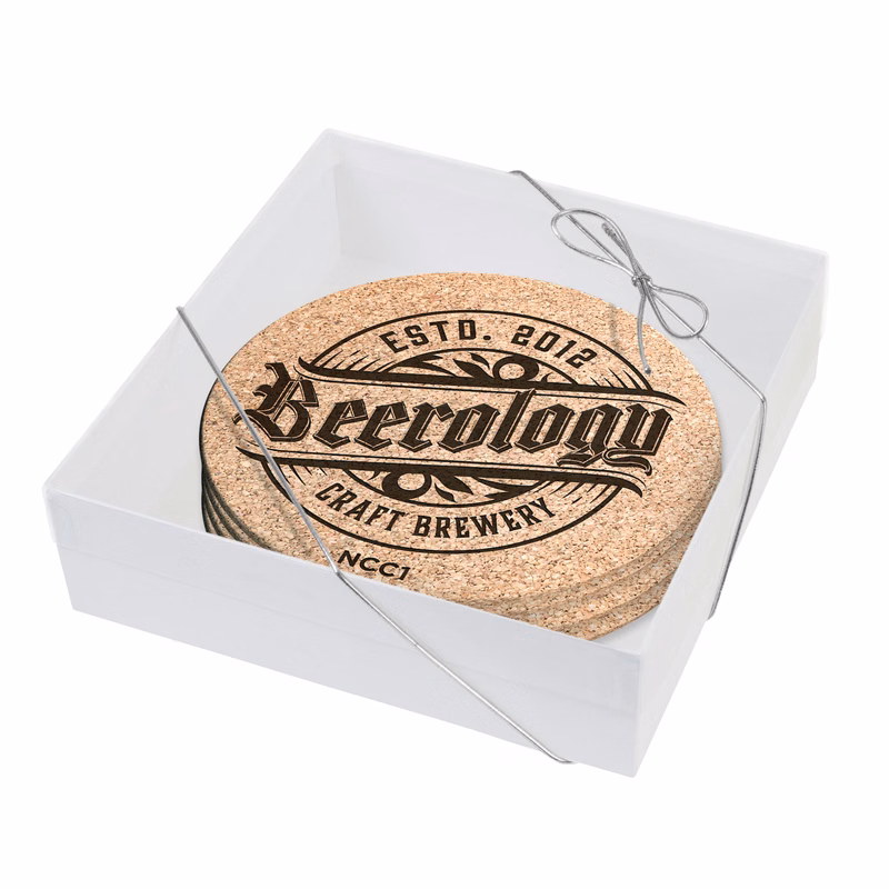Set of 4 Natural Cork Coasters 3/16" (3.5" dia.) Laser engraved Gift Boxed