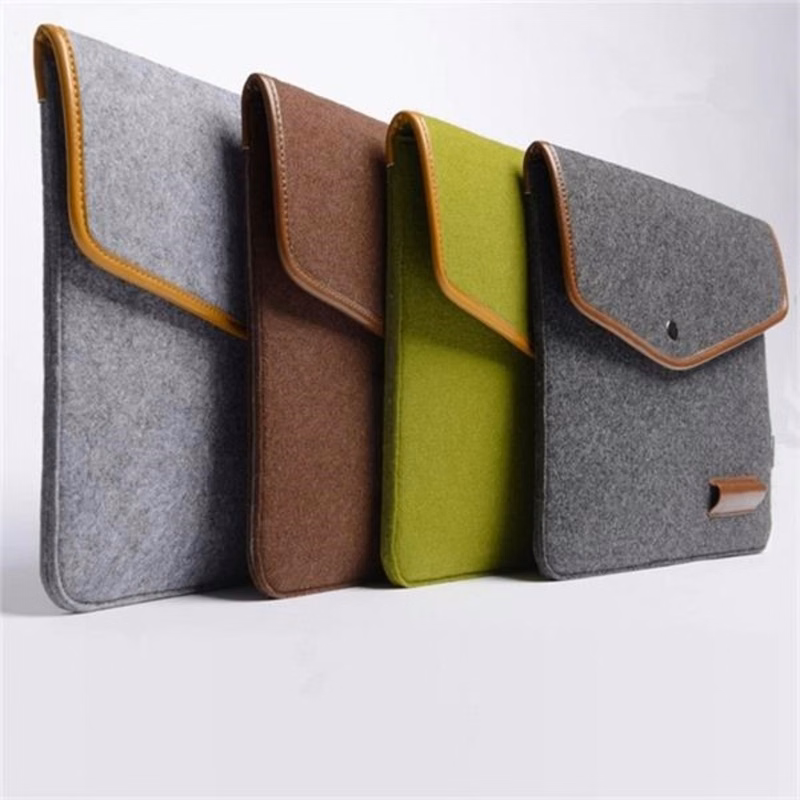 Felt Laptop Sleeve w/ Leather Rim Flip Top & Button Closure