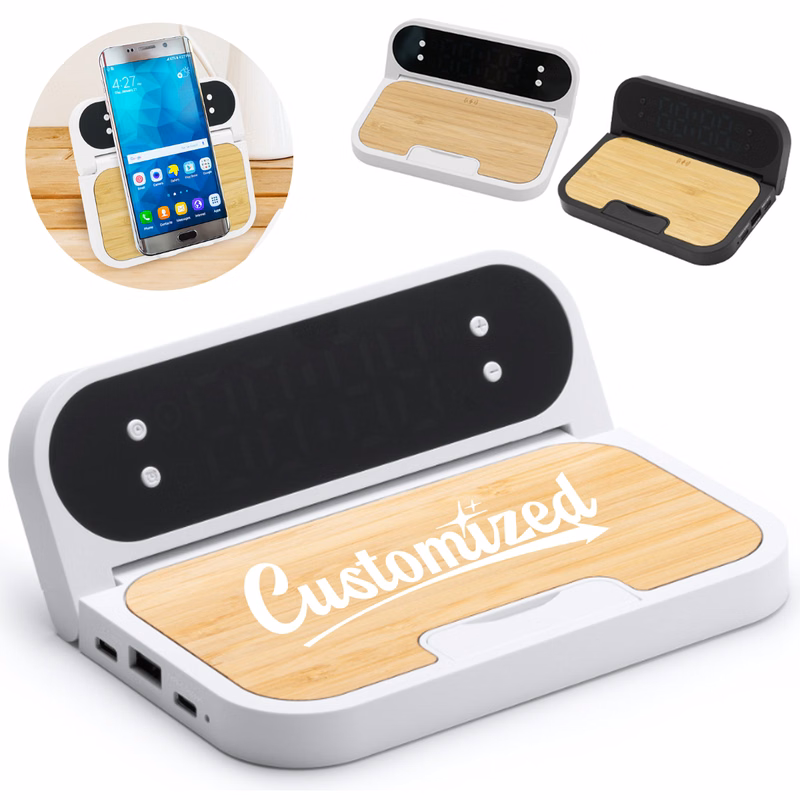 Bamboo Wireless Charging Clock Stand with LED Display