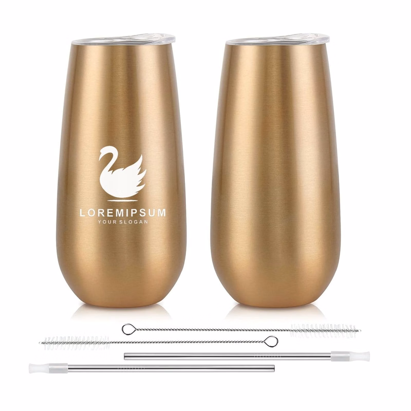 Stemless Tumblers, 6 Oz Insulated Flute Tumbler, Unbreakable Gold Champagne Glasses