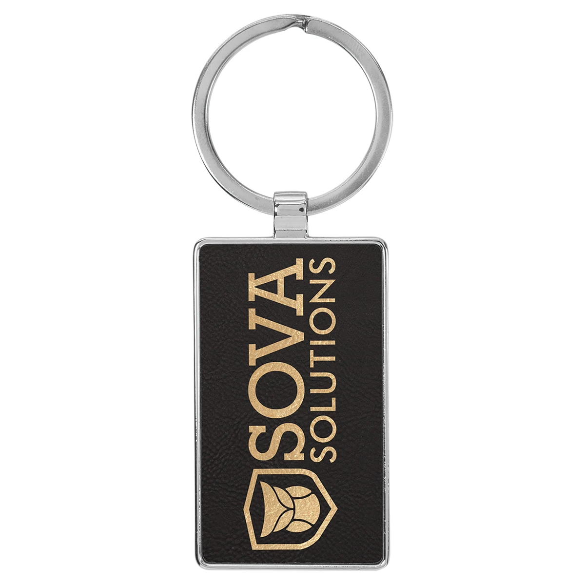2 3/4" x 1 1/4" Leatherette/Metal Black/Gold Rectangle Keychain 1