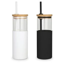 Antigua 24 Oz. Glass Tumbler w/Bamboo Lid & Silicone Sleeve & Straw 1