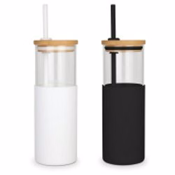 Antigua 24 Oz. Glass Tumbler w/Bamboo Lid & Silicone Sleeve & Straw
