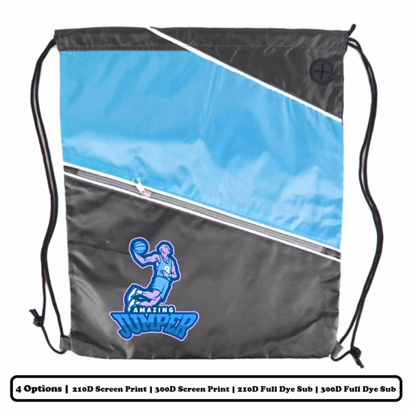 Multi-Panel Polyester Drawstring Bag w/ Slant-Zip Pocket w/